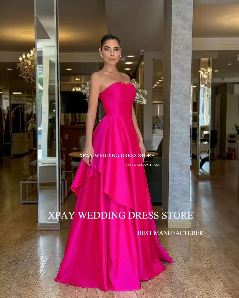 XPAY Strapless Rose Red A Line Prom Dresses Sleeveless Ruffles Dubai Saudi Arabic Customized Formal Evening Gowns Party Dress