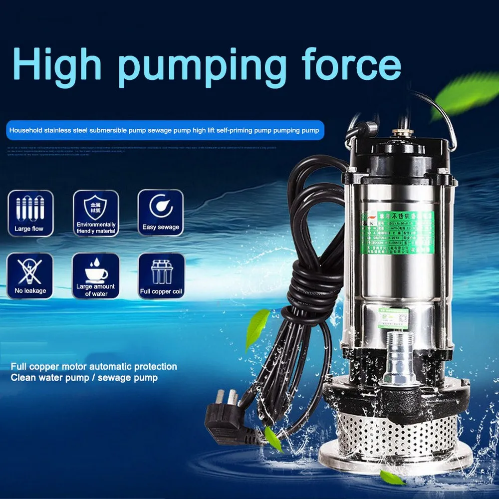 220V Sewage Pump Submersible Stainless Steel Non-blocking Water Pump Well Alternative Pumping Drainage Pump with EU adapter