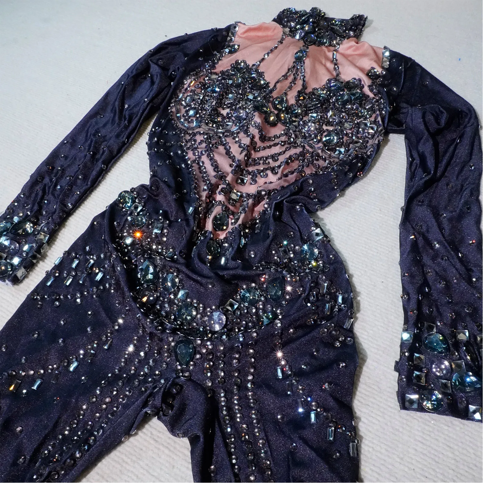 Combinaison en cristal rouge scintillant, manches longues, sexy, club, fête d'anniversaire, justaucorps, spectacle de pole dance, costumes drag queen de célébration