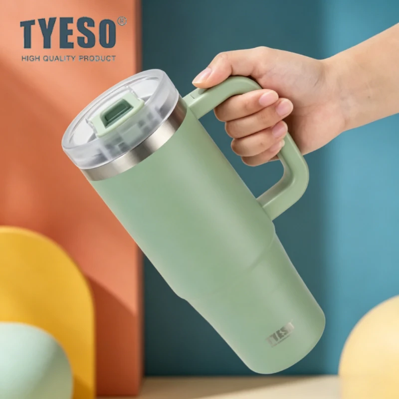 

Термос TYESO из нержавеющей стали 30/40 унций с соломинкой и ручкой, летняя кружка-термос Ice King, вакуумная изолированная кофейная кружка для автомобиля и путешествий