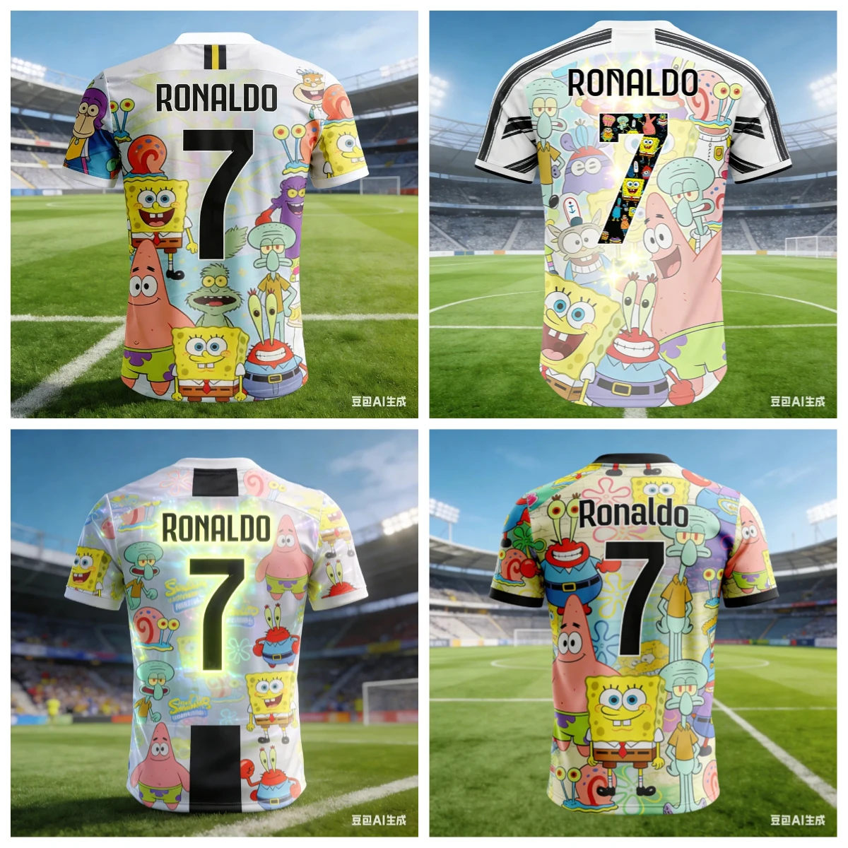 3D-gedrucktes Fußball-Trainings-Kurzarmshirt für Erwachsene und Kinder mit Cristiano Ronaldo/SpongeBob SquarePants-Motiv