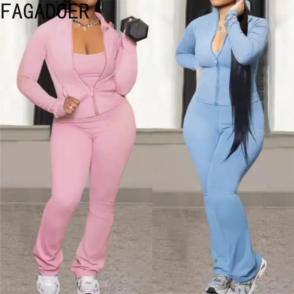 FAGADOER Casual Sporty Two Piece Sets Tracksuits Women Zip Jacket + Strap Jumpsuits and Autumn Winter Jogger Fitness Streetwear