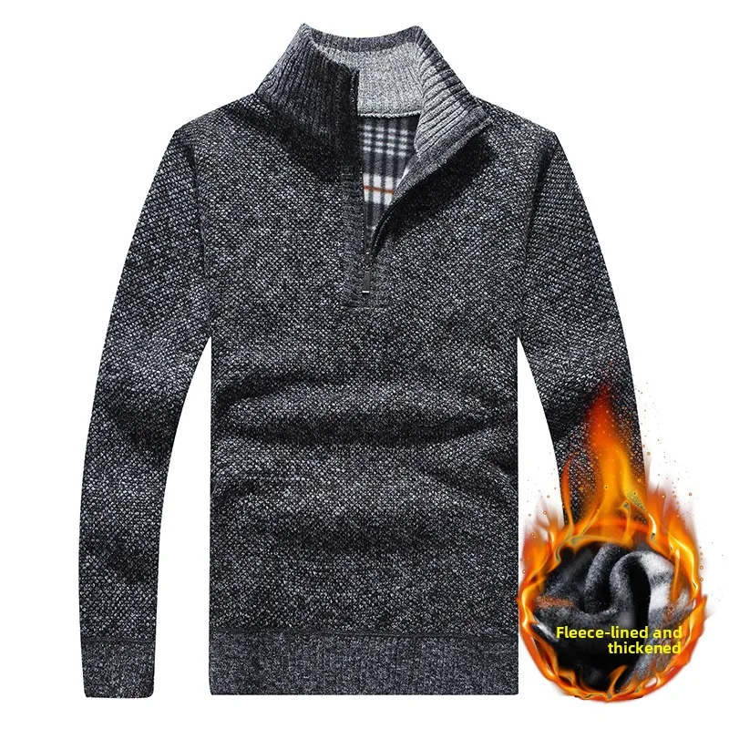 

Men's Pullover Knit Autumn Winter Fleece Lined Thickened Half-Zip Outerwear Stand Collar Sweater