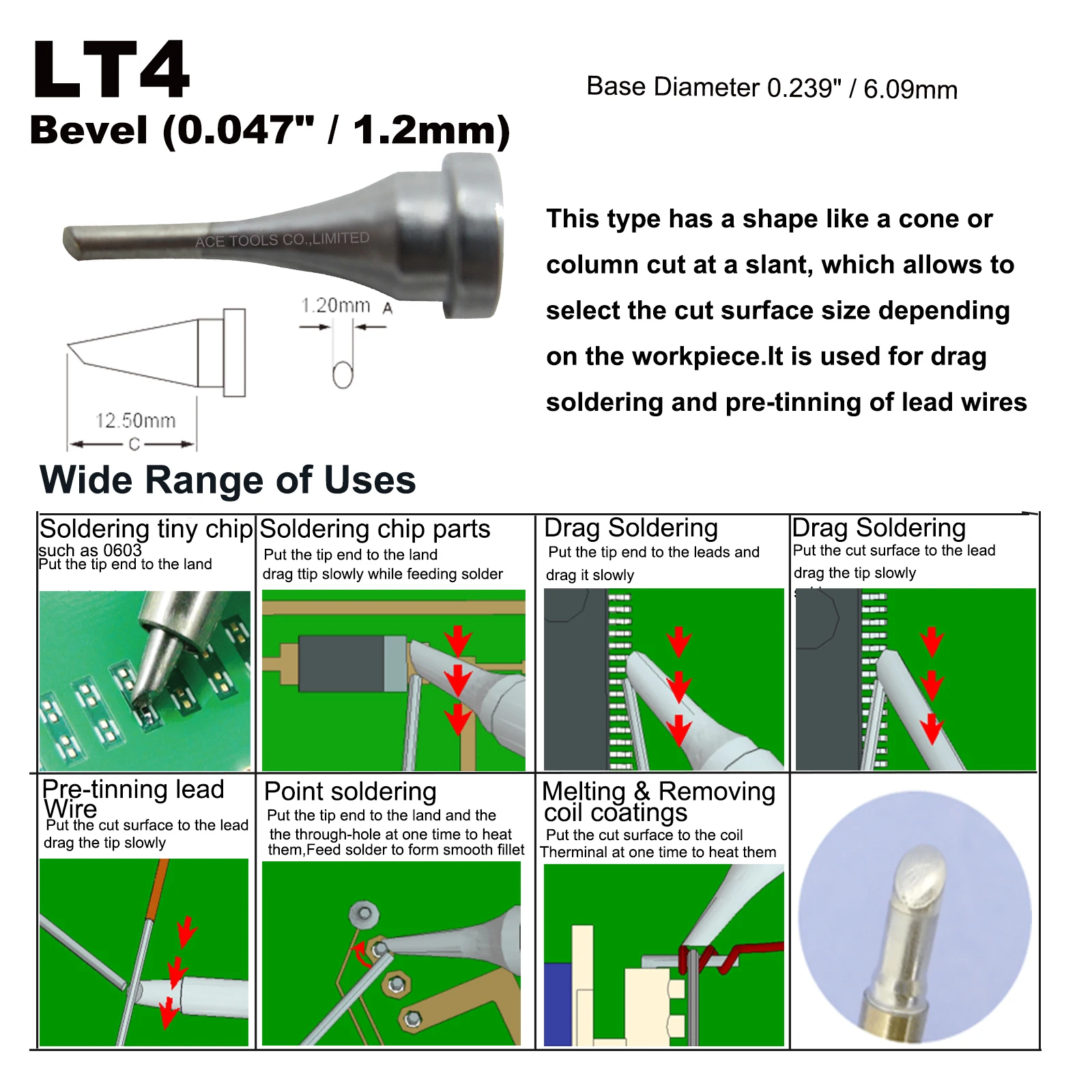 Weller LT4 베벨 1.mm 0.047" WP80 WSP80 WSFP8 WD1000 WD2000 WSD81 WS81 WSF81D8 WS81D5 핸들 철 용접 비트용 납땜 팁