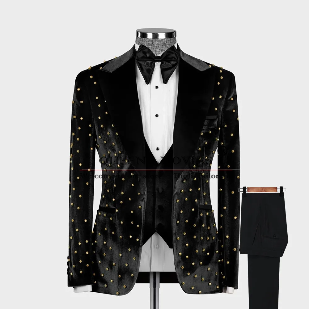 Exquisite Suits Men Gold Pearls Velvet Prom Blazer Customized Satin Lapel Jacket Vest Pants 3 Pieces Set Groom Wedding Tuxedos