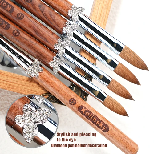 Imagen 2 del producto 100% cepillo acrílico Kolinsky puro, cepillo para tallar uñas en Gel UV, mango de lana de sándalo, herramienta para manicura de mariposa de circón, tamaño 2 # -20 #