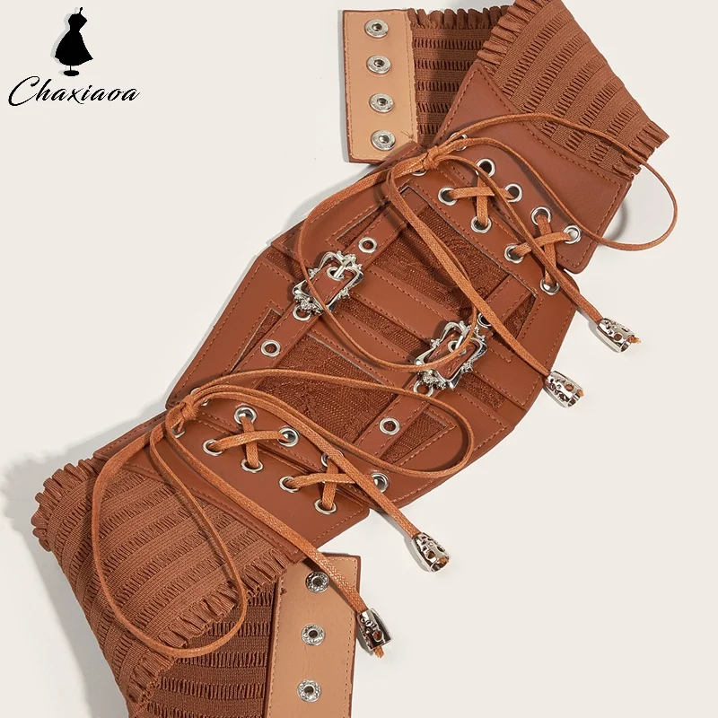 Cintura elástica com fivela de metal retrô para mulheres, cinta de renda, faixa de couro, camisa, vestido, espartilho, modelagem corporal, decoração