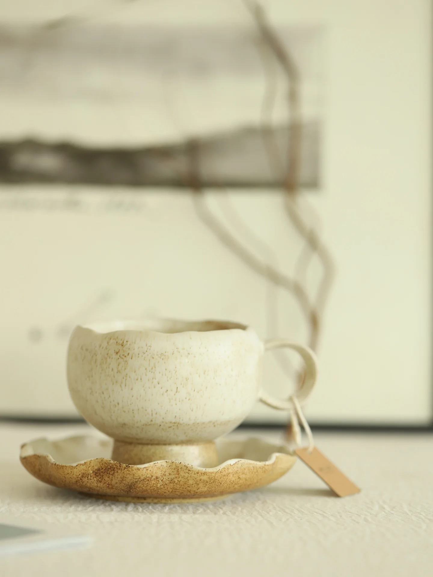 Retro Style Thick Earthenware Coffee Cup High Footed Ceramic Water Cup with Stirring Spoon And Coffee Plate Handmade Crafted