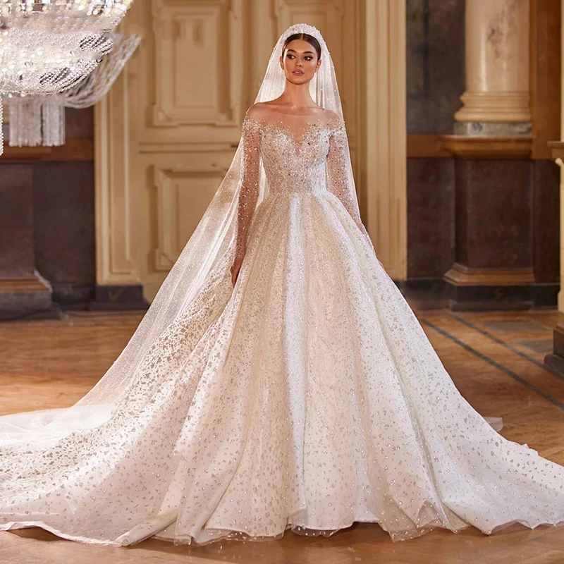 Robe de mariée A-Line musulmane pour femme, robe dos nu, robe de mariée princesse élégante, robe de Novia perlée, manches longues, quel que soit le