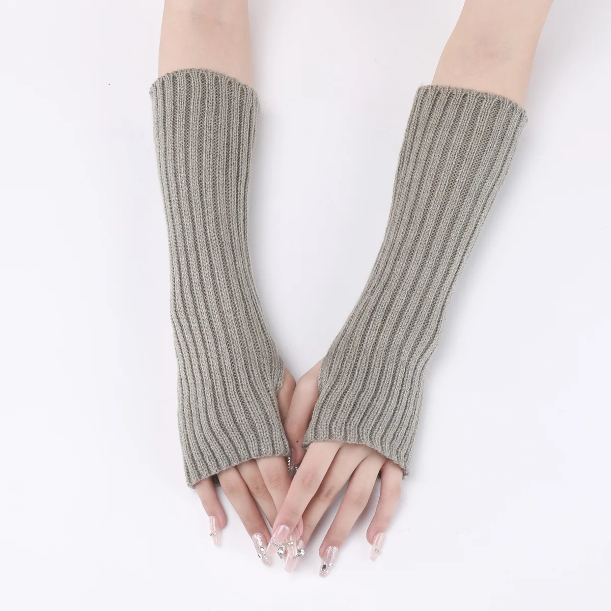 OVTRB إمرأة الشتاء الذراع أدفأ الفتيات الخريف الكروشيه الذراع كم بلون متماسكة القفاز ثقب الإبهام أصابع قفاز المعصم أدفأ