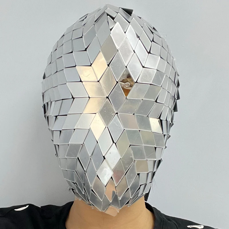 Pełna Srebrna Maska z Lusterek Seksowny Strój do Tańca Gogo Kostium na Halloween Klub Nocny Bar Dj Ds Akcesoria do Występów Scenicznych Nakrycie Głowy XS10342
