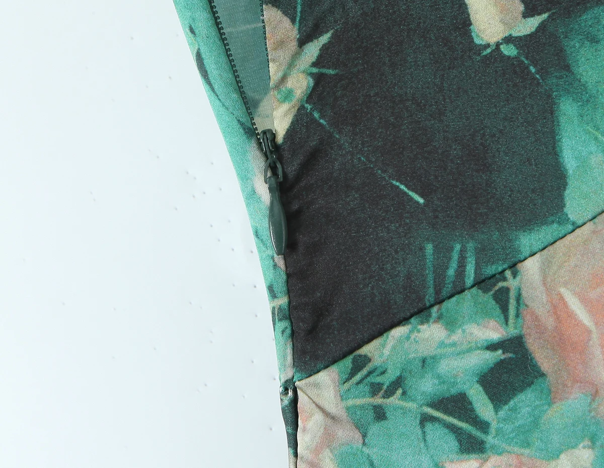 여름 여성 프랑스 스타일 레트로 짙은 녹색 장미 꽃 프린트 슬링 드레스 휴일 A라인 스윙 드레스 여성 의류