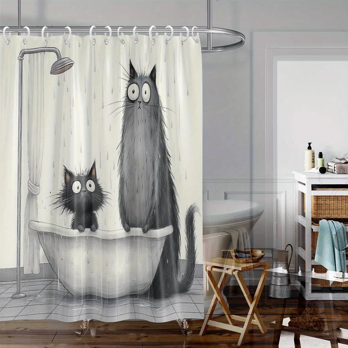 Sketch Wet Fluffy Cat Shower Curtain, Bathtub Two Shocked Kitten Water Drop Print Waterproof Bath Curtain for Cute Pet Bathroom