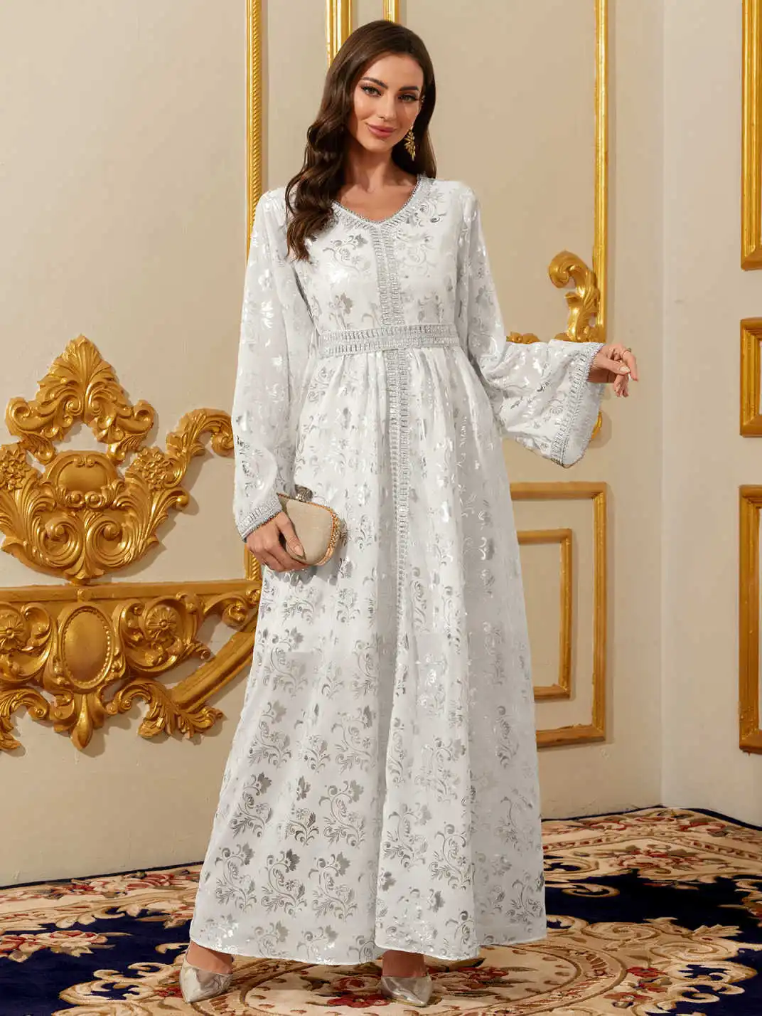 Bild 7: Damenkleid Eid Muslimische Abaya Partykleider Kaftan mit Schärpen Silberfoliendruck Abayas Marokko Dubai Jalabiya Vestidos Arabisches Langes Gewand