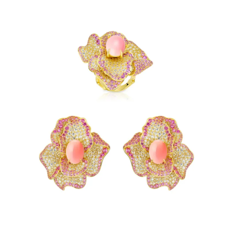

BELLUX 925 Silver Synthetic Zircon Jewelry Set Rose Flower Pigeon Egg Pink Queen Shell Gold Luxury Set Earrings Ring