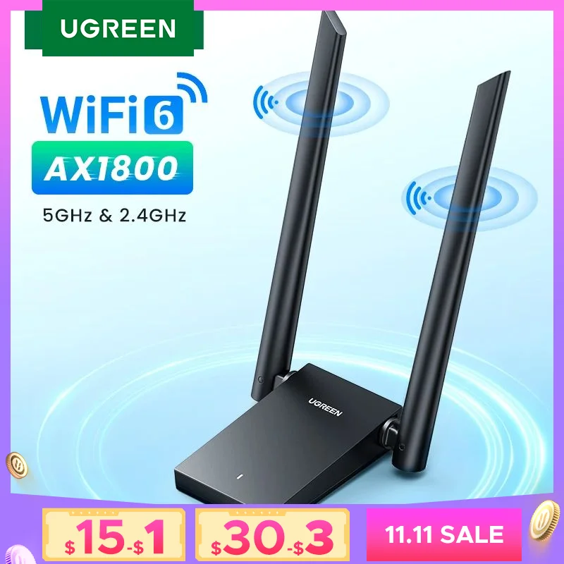 UGREEN WiFi Adapter AX1800 WiFi6 USB3.0 5G&2.4G Dual-Antenna USB WiFi for PC Laptop Wifi Antenna USB Ethernet Receiver Network