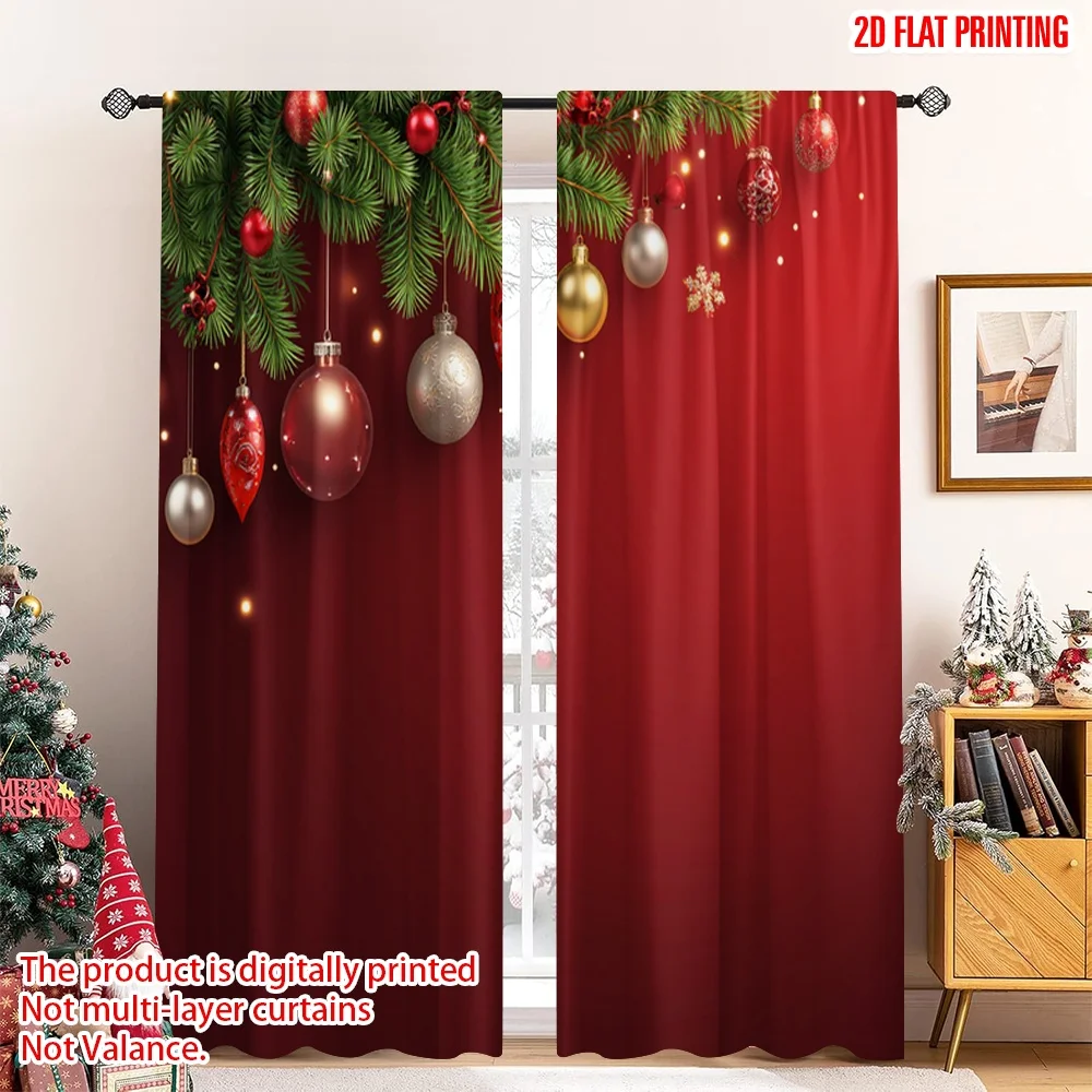

2pcs 2D flat printing Merry Christmas Window Drapes Christmas Ornaments Festive Balls Red 100% Polyester Without Electricity