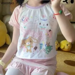 Japanese Cute Cartoon Print Lolita Short T-shirt Women Sweet Short Sleeve Tops Girls Pink Kawaii Pulovers TShirts Summer Tees