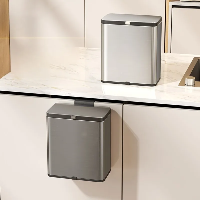 Kitchen Wall Mounted Trash Can Stainless Steel Dustbin Luxury Rectangular Litter Bins Large Capacity Bathroom Dustbins with Lid