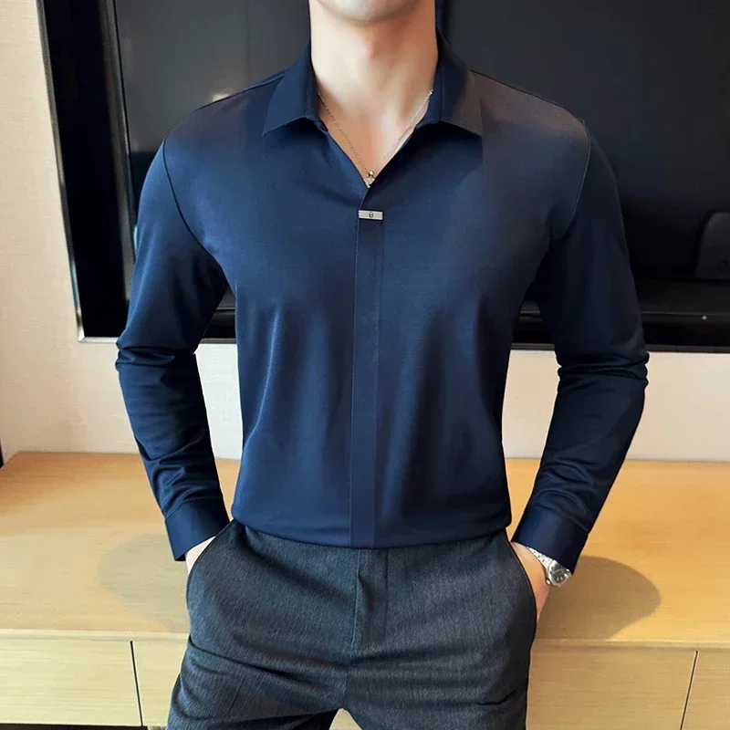 Men's V-neck High Elastic Non-marking POLO Shirt High Quality Long Sleeved Lapel Solid Slim Fit Casual T-shirt Men Clothing 4XL