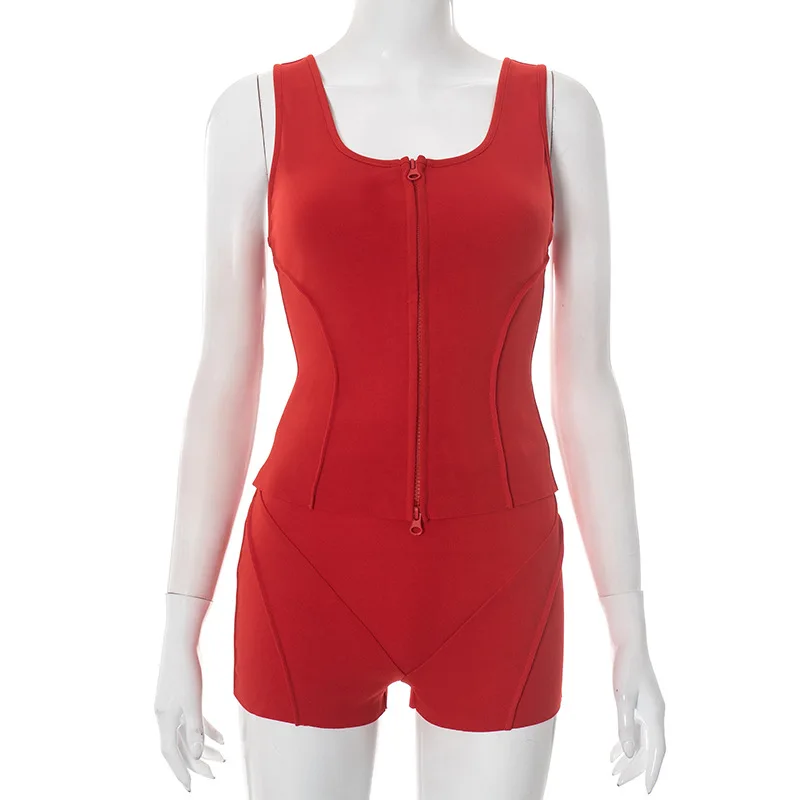 YUZHEXI zip-up tank top with shorts women red two pieces summer sporty set