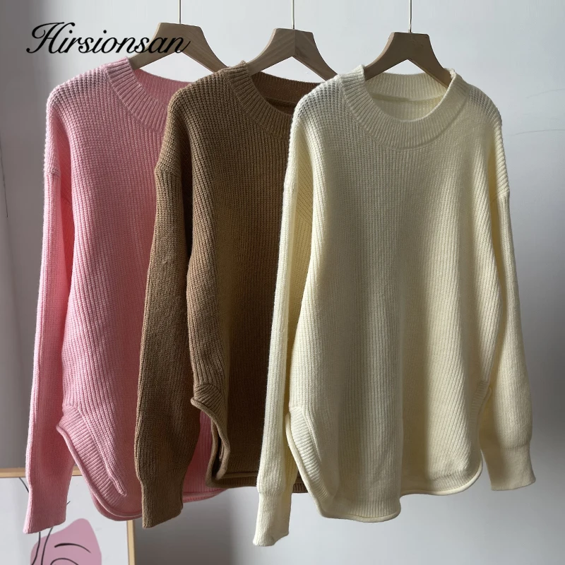 Hirsionsan Basic Knitted Cashmere Sweater Women 2023 New Winter Loose Split Ladies Pullovers Warm Casual Chic Elegant Jumper