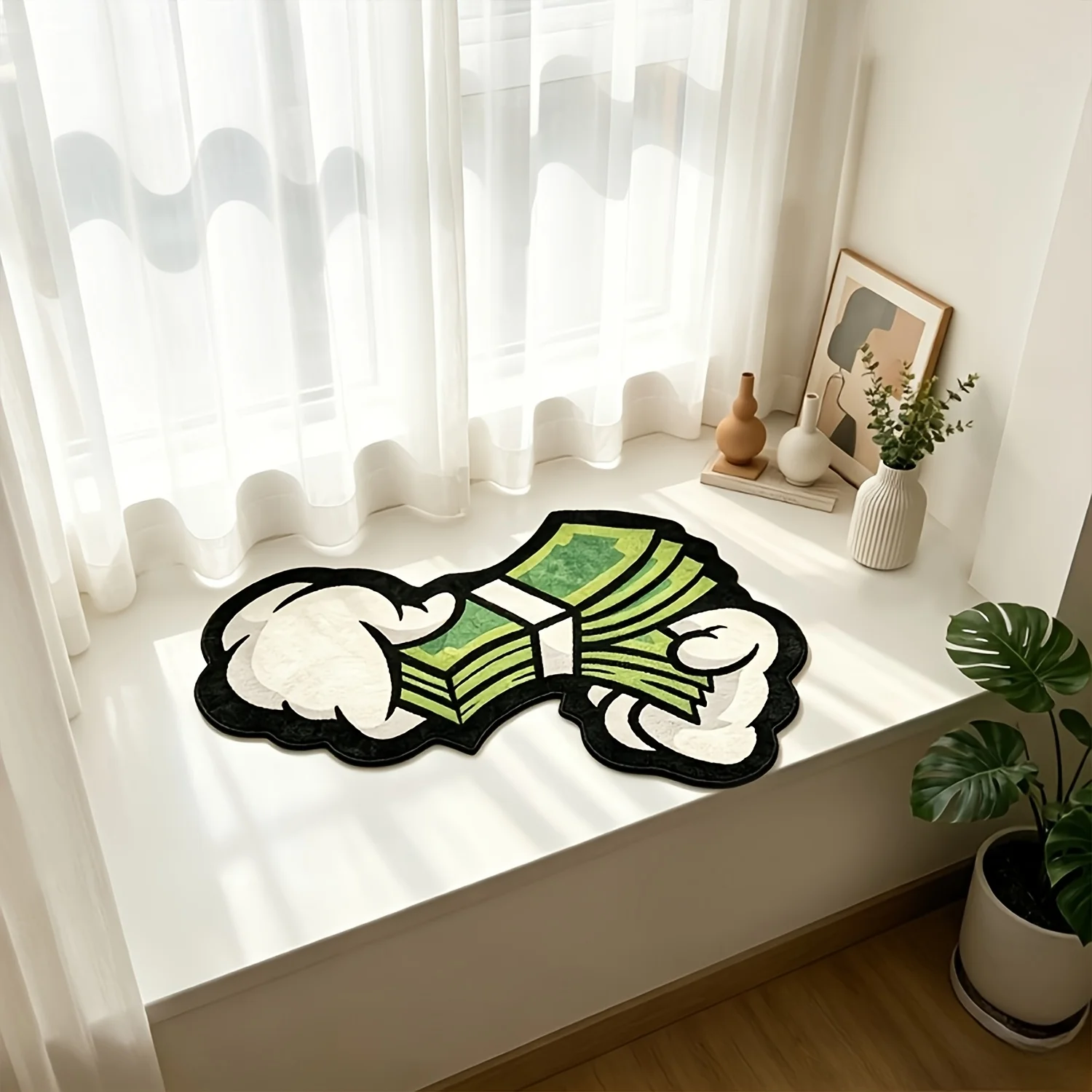 VIKAMA Cartoon Gloves Hold Money Shaped Rug Fashion Cash Dollar Print Irregular Floor Mat Trendy Bedroom Living Room Home Decor