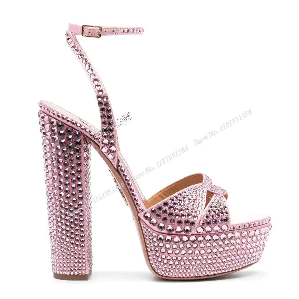 Pink Crystal Studded Platform Sandals Ankle Buckle Chunky High Shoes For Women Open Toe Wedding Shoes 2023 Zapatillas Mujer