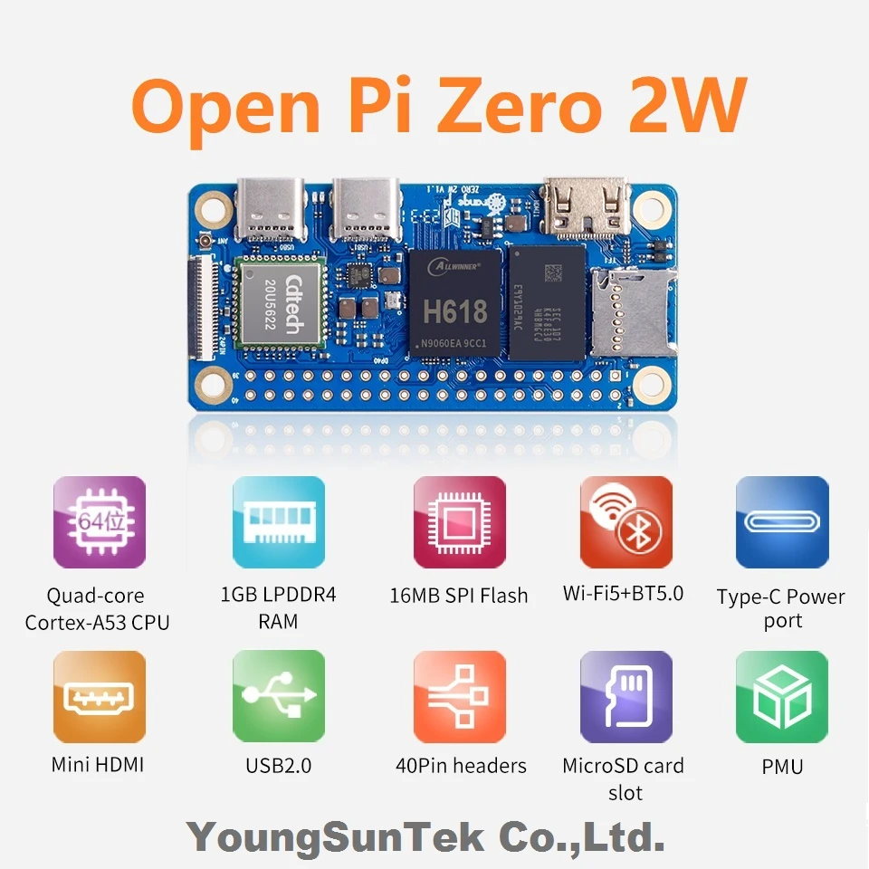 OPi Zero 2W (1G LPDDR4 RAM) H618,Cortex-a53 Up to 1.5GHz,YoungSunTek OpenPi,WiFi5&BT5.0 Support Expansion,Ethernet,Mini HDMI,USB