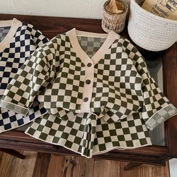 New Spring Autumn Korean Style Baby Girl Clothes Suit Long Sleeved Plaid Knit Cardigan Coat+Shorts Kids Knitted Clothing Set