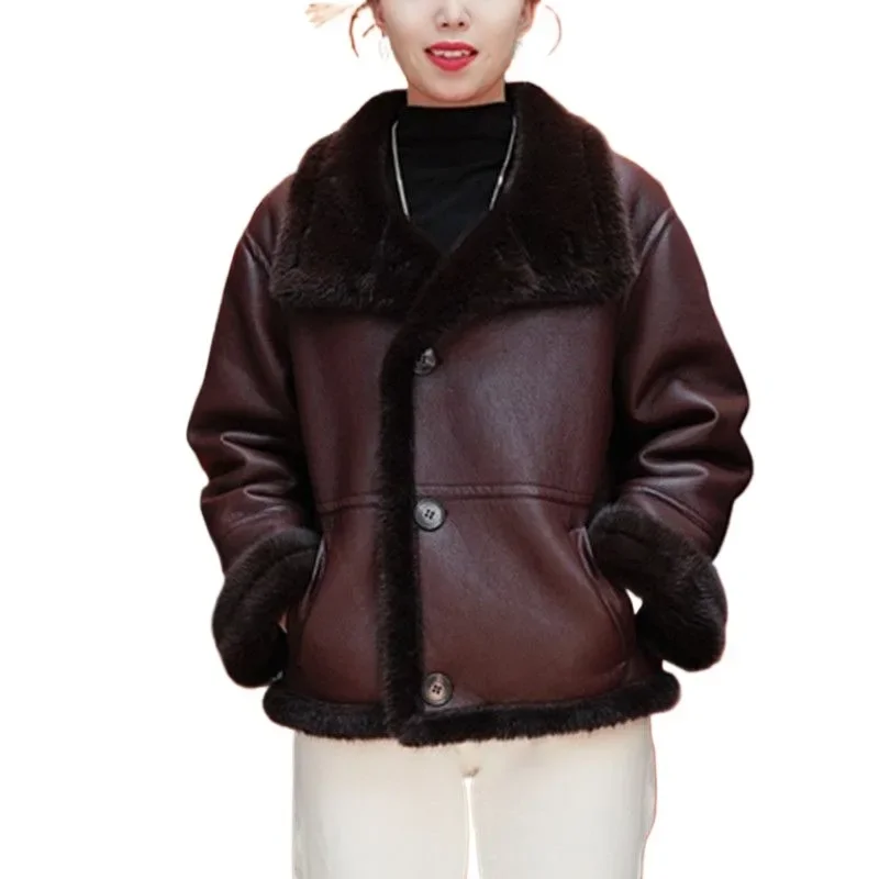 Simple Fashionable and Warm Women's Clothing Thickened Non-cracking Leather Soft and Comfortable Faux Fur Winter One-piece Coat