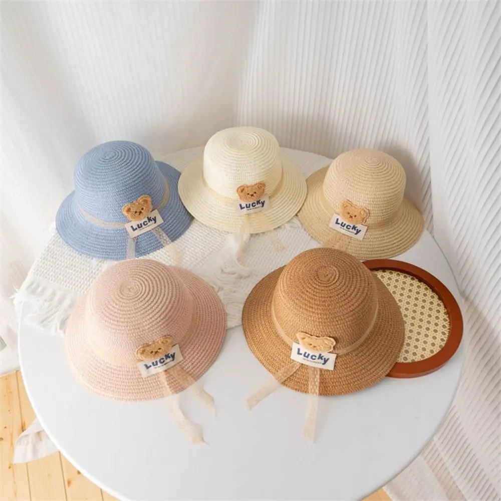 

Cartoon Bear Children Sun Hats With Lace Sunshade Kids Beach Caps Pastoral Style Sunscreen Fisherman's Hat Girls And Boys