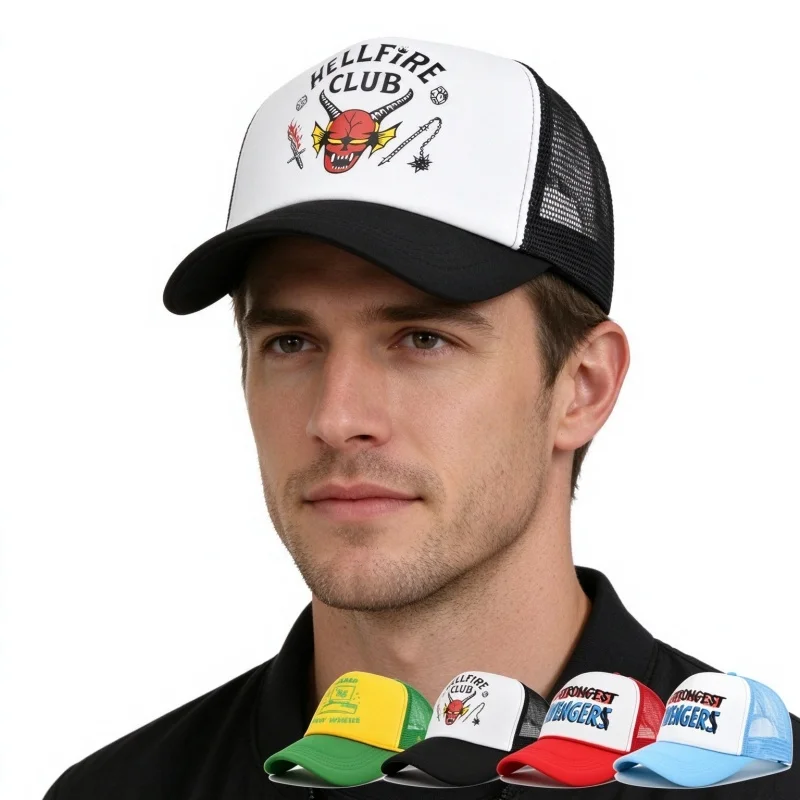 Retro Stranger Cosplay Graphic Trucker Cap, Half Mesh Breathable Baseball Hat, Adjustable Snapback for Daily Outdoor Wear