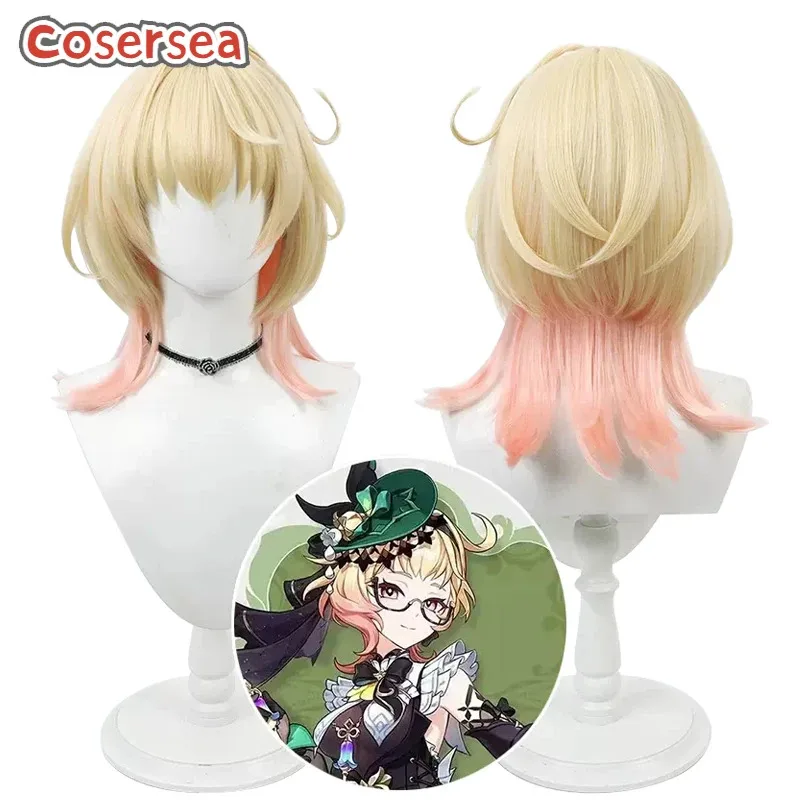 Cosersea emilie cosplay perucas jogo genshin impacto emilie 55cm em linha reta longa loira misturada rosa peruca de cabelo sintético resistente ao calor