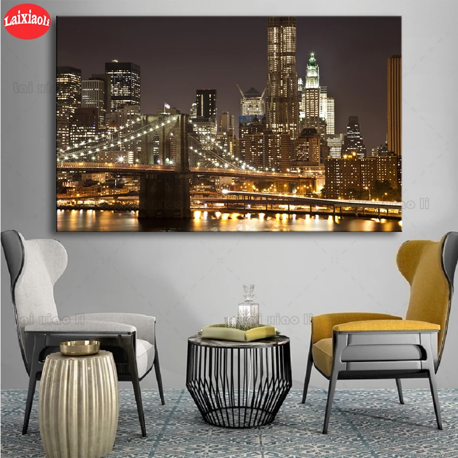 Full Square round drill Diamond painting Large Modern Brooklyn Bridge Lights Night View  Diamond embroidery Cross stitch resin