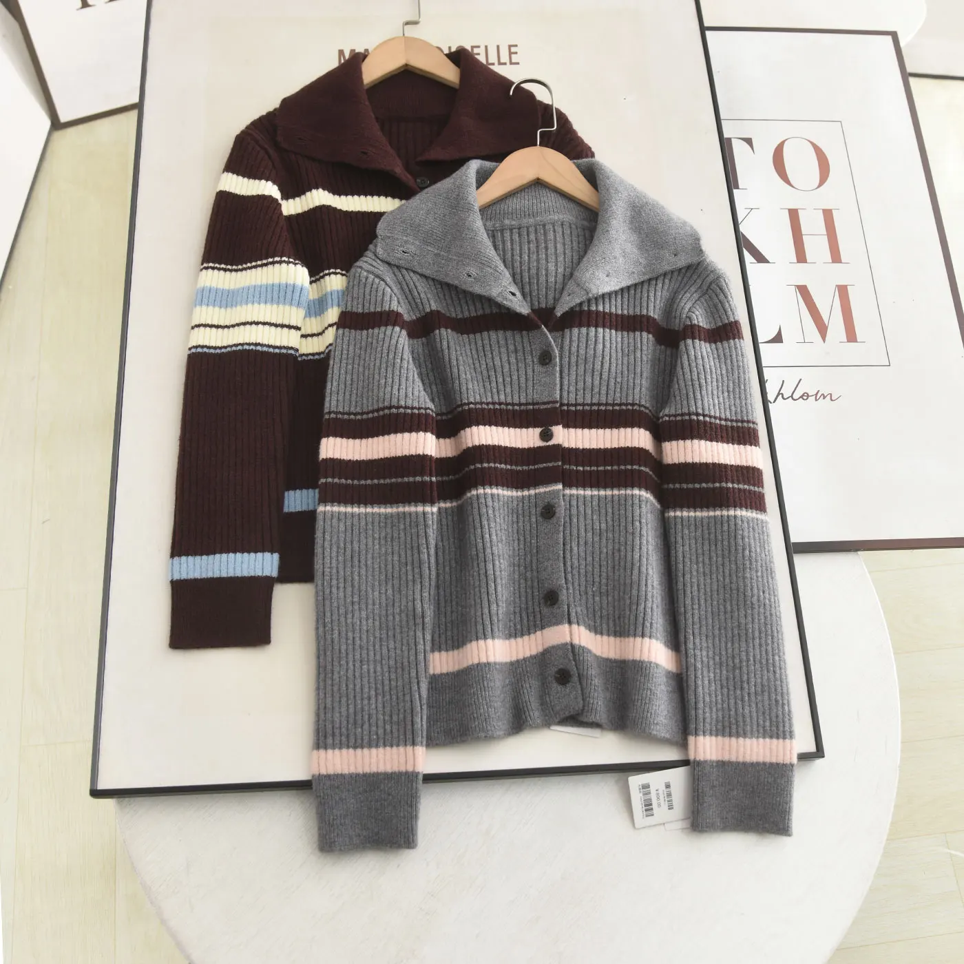 

Ele Stripe Design Knitted Open Cardigan Sweater Single Button Turn-down Collar Color Blo Spring New Arrival Women's Fas...