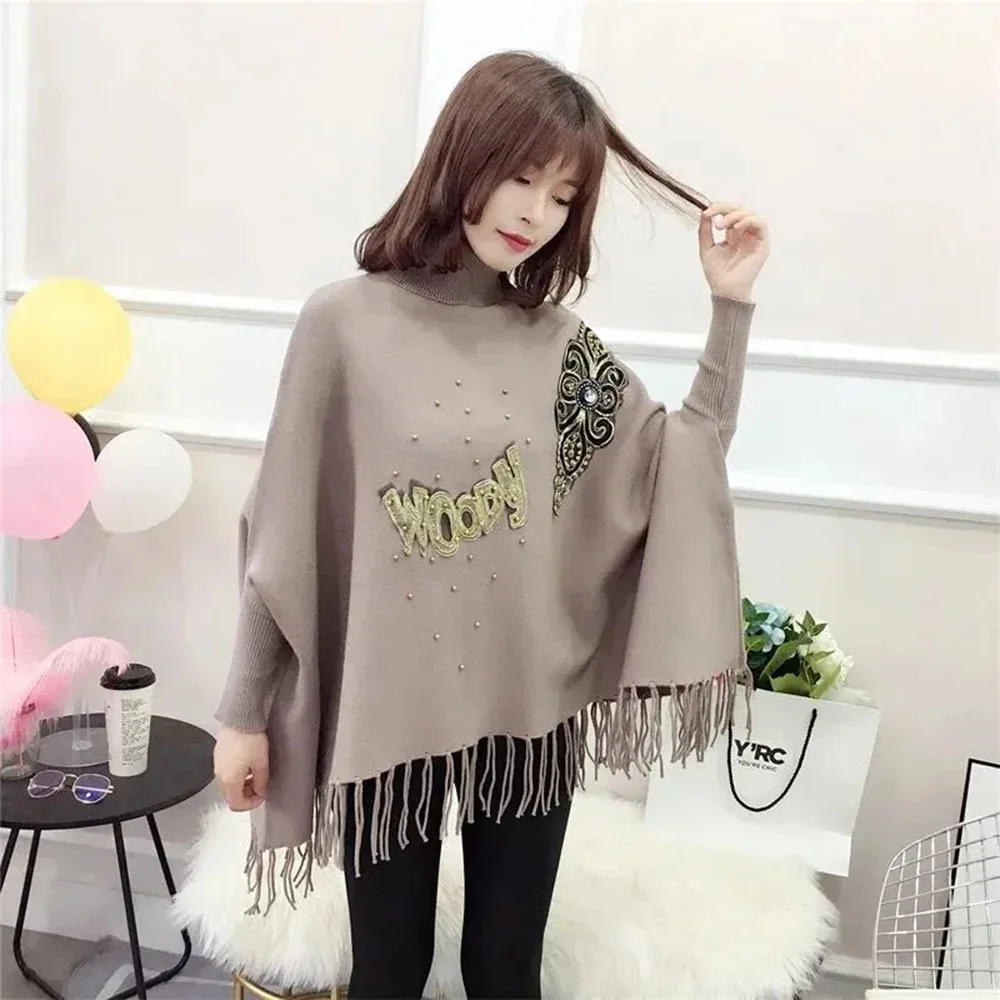 Fashion Turtleneck Women Poncho Spring Winter Jumper Knitted Sweater Cape Warm Pullover Cloak Chic Embroidery Ladies Shawl Tops