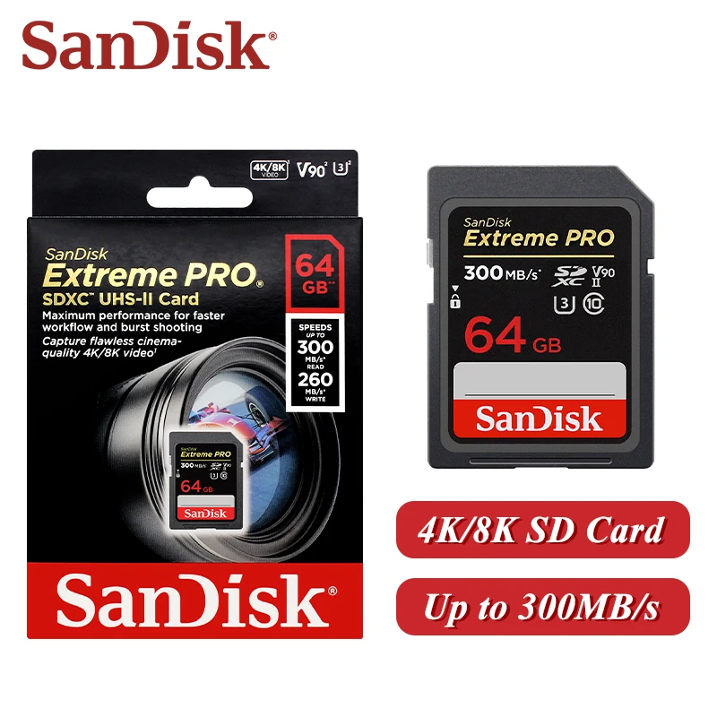 SanDisk Extreme PRO SD Card V90 U3 C10 UHS-II Memory Card 300MB/s Cinematic 8K 4K Video 64GB 128GB for Camera DSLR Mirrorless