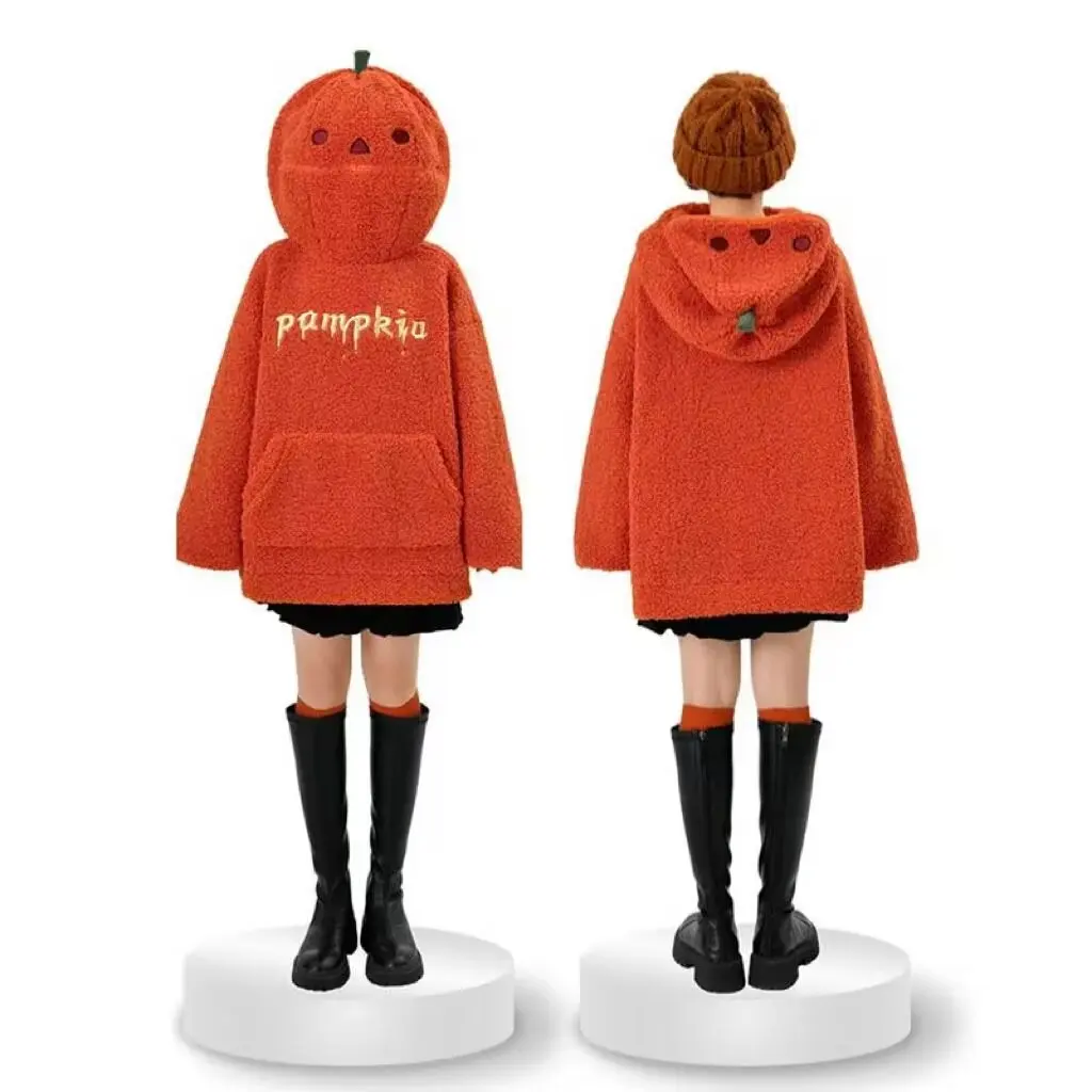 Halloween Hoodies Women Cute Pumpkin Head Plush Decorated Top K Pop Clothes 2024 Autumn Winter Loose Warm Pullover Holiday Gifts