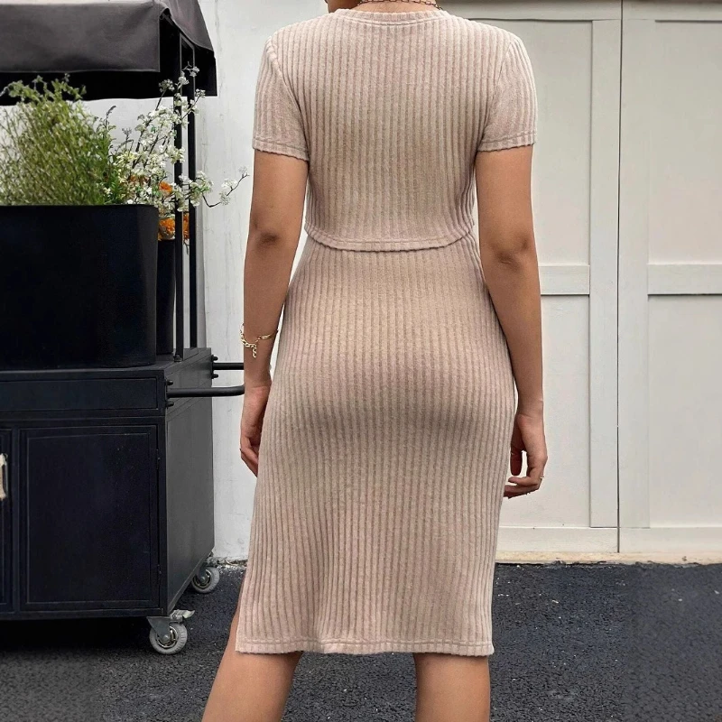 New Maternity Clothing Mid Length Slim Fit Adjustable Waist Short Sleeved Skirt Set Skirt for Women Pregnant Women Split Skirt