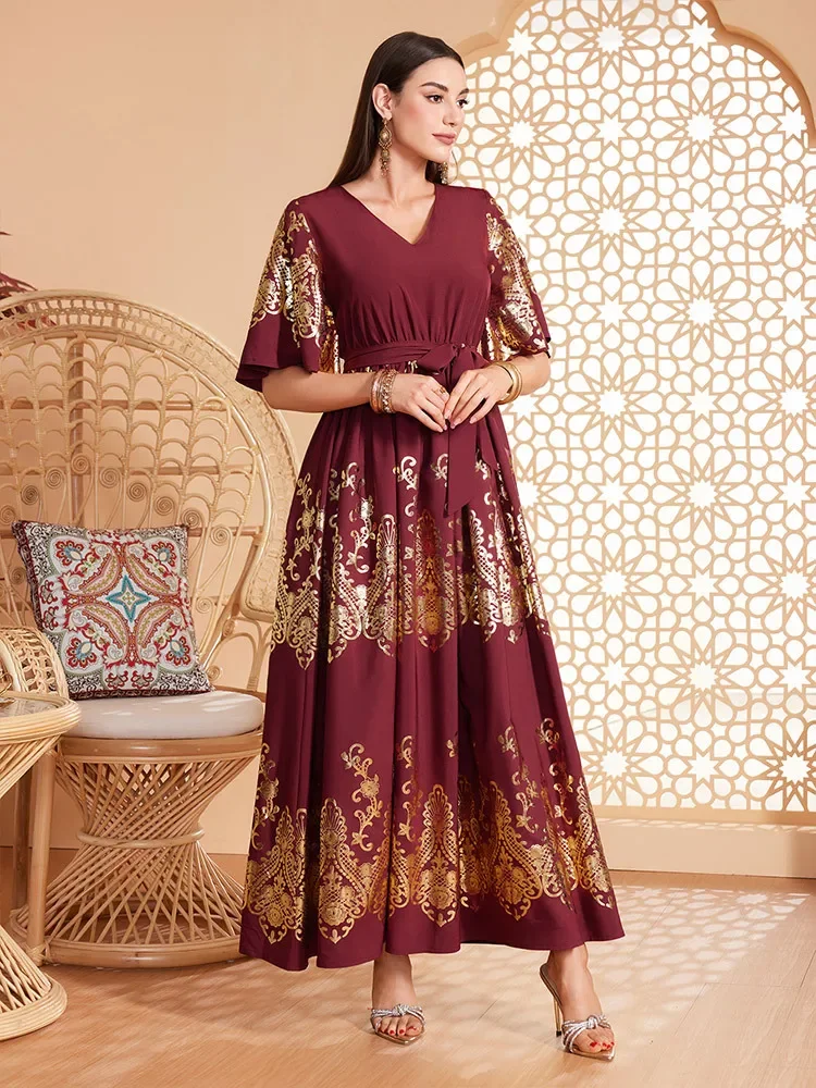 

Middle East Dress Robe Women Short Flare Sleeves V-Neck Elegant Dubai Evening Gowns Abaya Jalabiya Summer Muslim Islam Vestidos