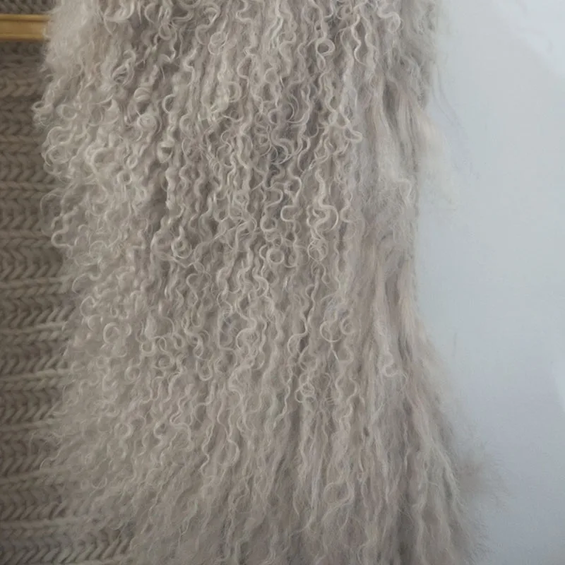 Women Knitted Real Rabbit Fur Vest With Mongolia Lamb Fur Collar Long Fashion Genuine Fur Gilet With Pocket Sleeveless Waistcoat