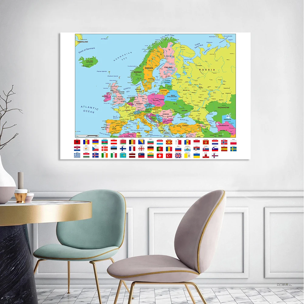 

150*100cm The Europe Map Non-woven Canvas Painting Vinyl Wall Poster Home Decoration School Supplies