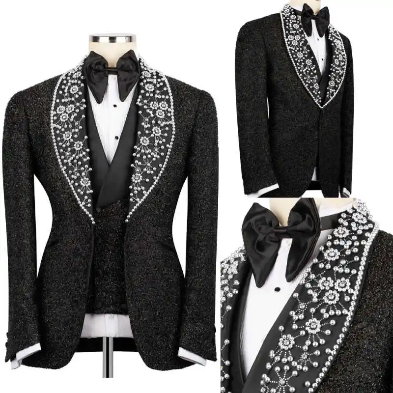 

Luxury Customized Wedding Groom Tuxedo Shawl Lapel Pearls Formal Occasion Prom Party Men Suits Trajes Para Hombre