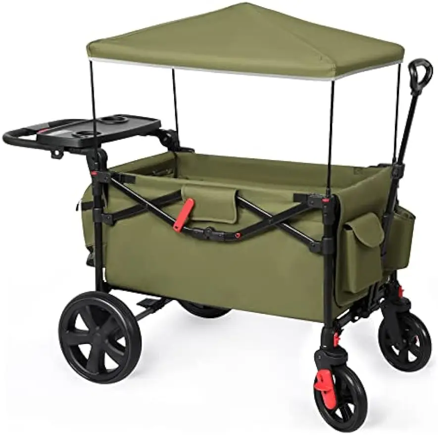 

Foldable Wagons for Two Kids & Cargo, Collapsible Folding Wagon Stroller with Adjustable HandleCanopy with 5-Point Harness,Green