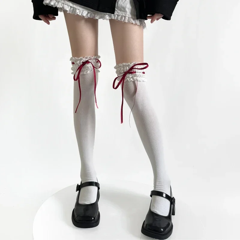 

Sweet Girls Long Socks Stockings Women Bandage Ribbon Bow Knee High Socks Thigh High Stockings Lolita Lace Ruffle Socks Stocking