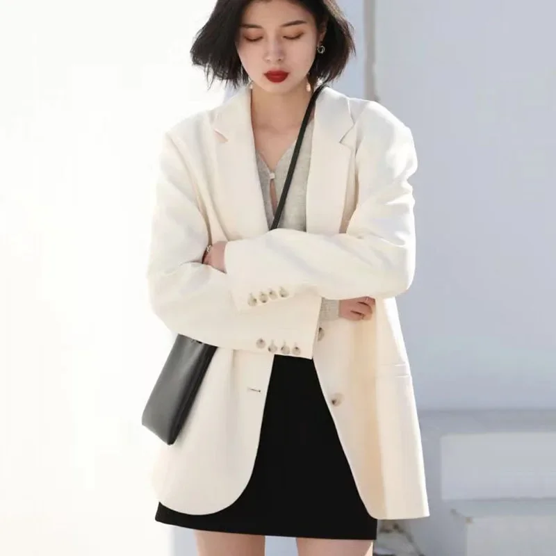 

Fanan женские пиджаки куртки корейский шикарный двубортный офисный женский пиджак с длинными рукавами повседневная свободная верхняя одежда средней длины топ