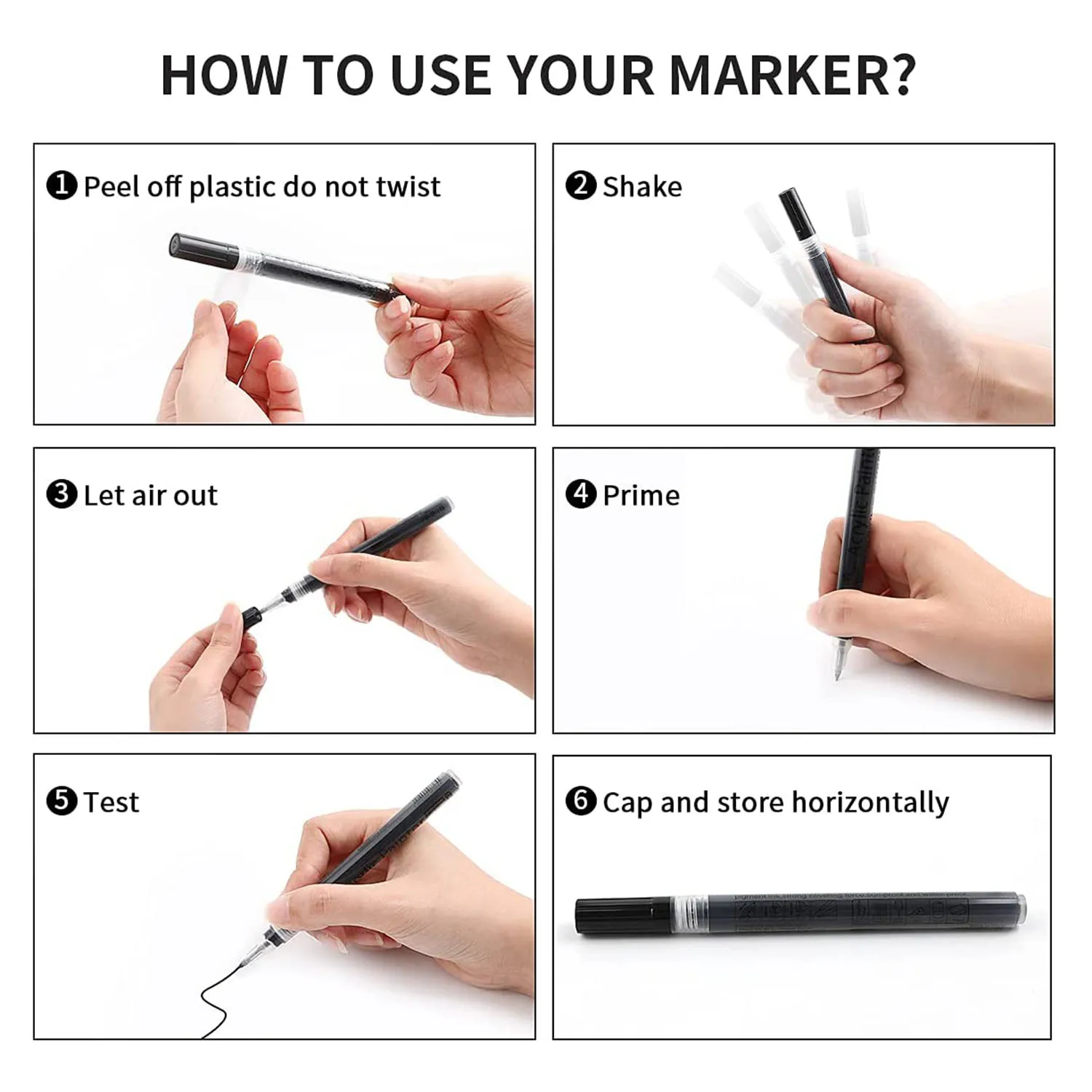 علامات الطلاء الاكريليك للرسم الصخري ، الأسود والأبيض والحجر والسيراميك والزجاج والخشب والبلاستيك والمعادن ، 6 عبوات