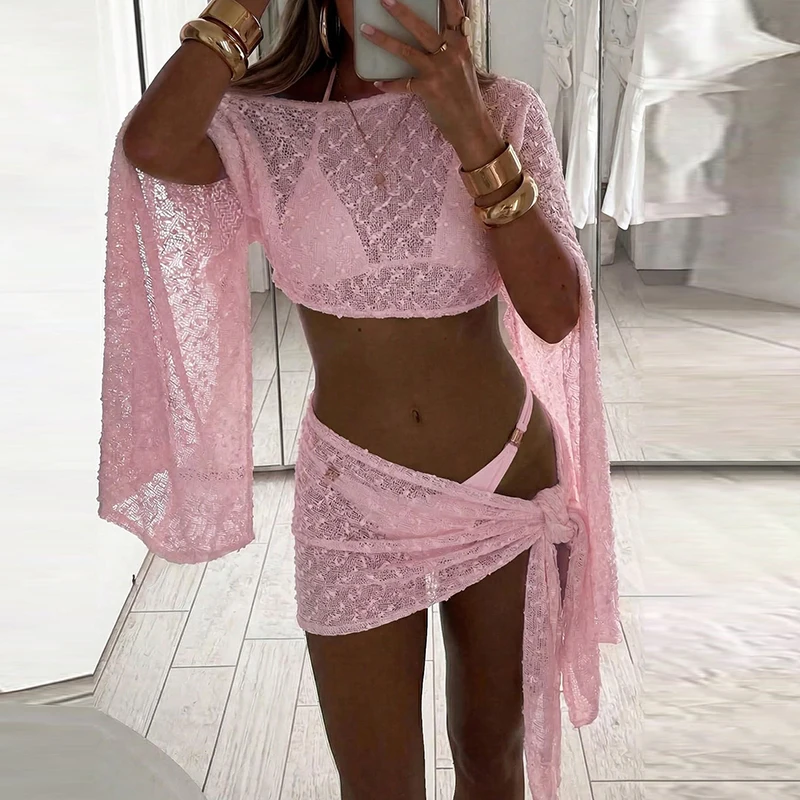 

Slanted Shoulder Cover up Top & Belted Set Casual Long Sleeve Women Beach Outfits Elegant Draped Perspective Solid Slim 2Pc Suit