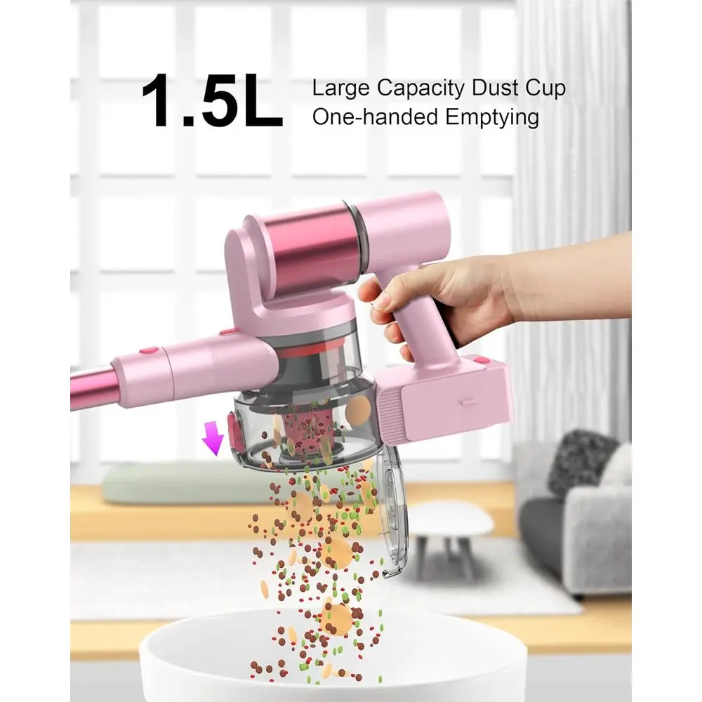 مكنسة كهربائية لاسلكية وردية 550 وات، شفط 45 كيلو باسكال، وقت تشغيل 60 دقيقة، شاشة LED، فرشاة مضادة للتشابك للأرضيات الصلبة والسجاد